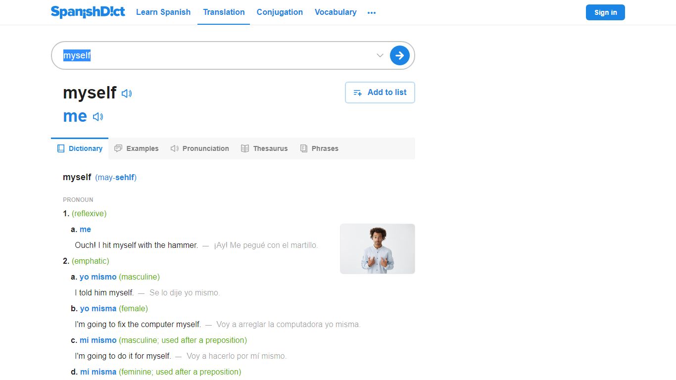 Myself in Spanish | English to Spanish Translation - SpanishDict