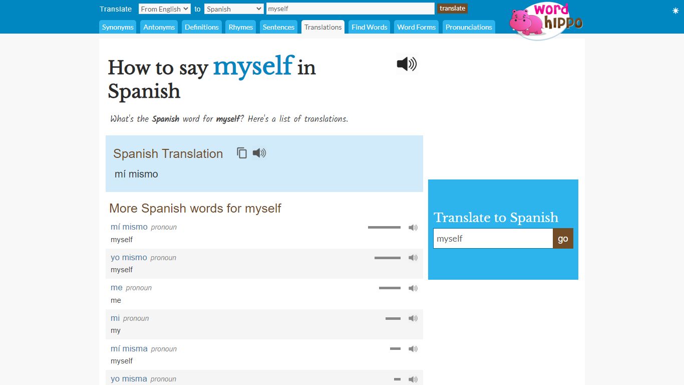 How to say myself in Spanish - WordHippo