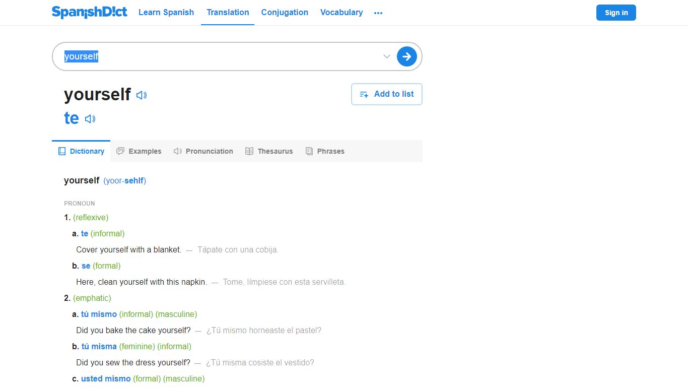 Yourself in Spanish | English to Spanish Translation - SpanishDict